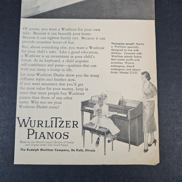 1953‎ Rudolph Wurlitzer Pianos Organs Vintage Print Ad De Kalb IL Child Lessons - Picture 2 of 4